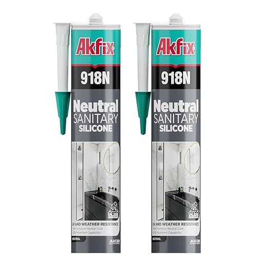 Akfix 918N Gray 100% Silicone Caulk for Kitchen and Bathroom (2x10.5 fl.oz.) - Solvent-Free, Low Odor, UV & Water Resistant, Fast Curing, Non-sag, High Elasticity Silicone Sealant | Grey, 2 Pack