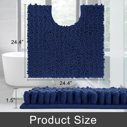 Yimobra Toilet Rug U Shaped Washable 24x24 Inch - Ultra Soft Absorbent Chenille Bath Rugs for Toilet, Quick Dry & Machine Washable, Non Slip Contour Bathroom Mat, Navy Blue