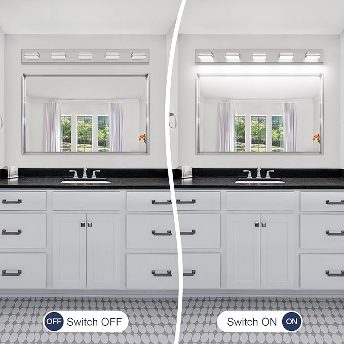 SineRise LED Modern Bathroom Vanity Light Fixtures (5-Light, 40-Inch, Dimmable), Brushed Nickel Modern Acrylic Bathroom Wall Lighting Fixtures Over Mirror (Cool White 6000K)