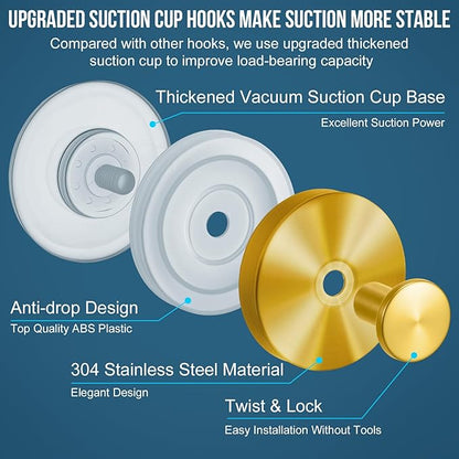Suction Cup Hook for Shower, 16 Pack Wall Mount Towel Holder, Removable Towel Hook - Stainless Steel No Drill Hook for Bathroom Window Glass Door Wall Home Kitchen Gold