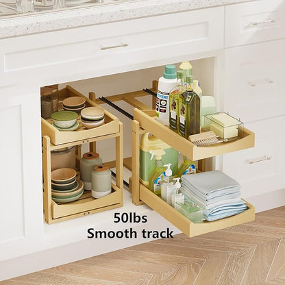 Bamboo Under Sink Organizer Adjustable Height 2 Tier Bathroom Organizer Pull Out Cabinet Storage Kitchen Heave Duty Wood Slide Ou Shelf for Kitchen Bathroom (Nature, 2 Packs)