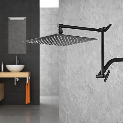 Matte Black Shower Head Extension - 13'' Adjustable Arm for Rain & Handheld, Locking Nuts, Universal Connector