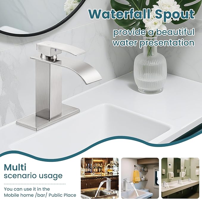 Bathroom Faucets Brushed Nickel Waterfall Bathroom Sink Faucet Modern Single Handle Bathroom Faucet for 1 or 3 Hole Mxier Tap Washbasin Faucet with Deck, Pop-up Drain and Supply Hoses 2 Pack