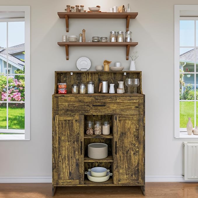 Storage Cabinet with Doors and Drawers, Kitchen Storage Cabinet with 1 Large Drawer,2 Doors,and 2 Adjustable Shelves,for Bathroom/Kitchen/Living Room/Entrance Hall (Retro Color)