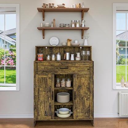 Storage Cabinet with Doors and Drawers, Kitchen Storage Cabinet with 1 Large Drawer,2 Doors,and 2 Adjustable Shelves,for Bathroom/Kitchen/Living Room/Entrance Hall (Retro Color)