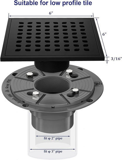 Neodrain Square Shower Drain,6 inch Black Stainless Steel 304 Grate and PVC Drain Body, Grate with Kit Includes Hair Trap/Strainer,Lifting Hook and PVC Drain Base