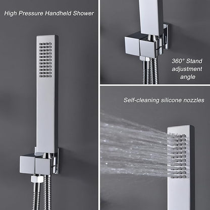 Polished Chrome Shower System Temperature Display Shower Set, Push Button Shower Faucet with 2 Rainfall Shower Head(12+8"), with Handheld Shower