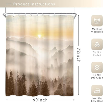 Riyidecor Misty Mountain Shower Curtain 60Wx72H Inch Brown Sunrise Nature Scenery Foggy Pine Tree Woodland Modern Natural Landscape Men Cool Bathroom Decor Fabric Polyester Waterproof 12 Pack Hooks