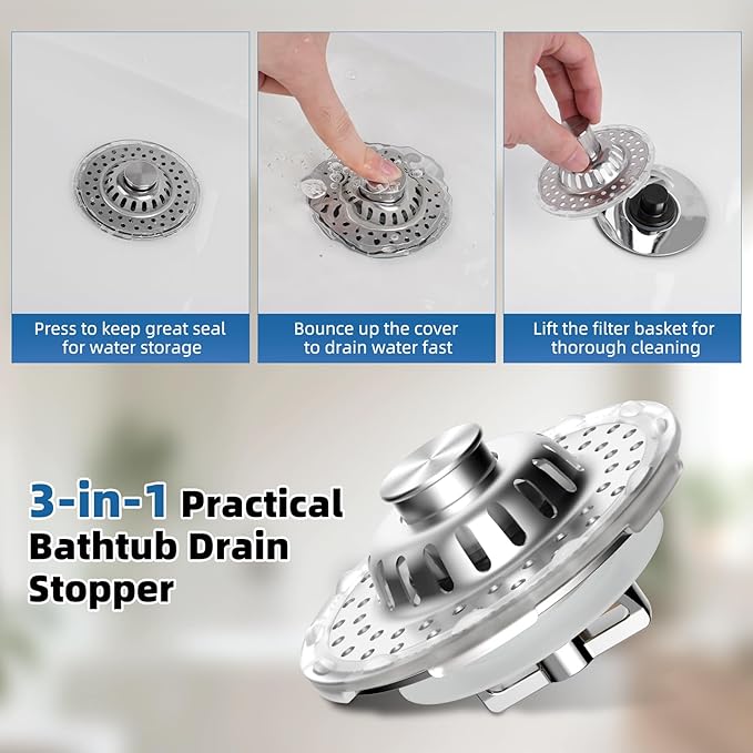 Universal Bathtub Drain Stopper Shower Drain Hair Catcher with Visible Top Strainer, Upgraded 3 in 1 Pop-up Tub Stopper Drain Plug Fit for 1.5 to 2.4" Hole, Stainless Steel Filter Basket
