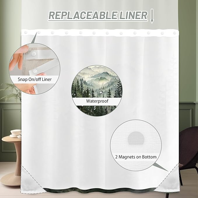 Forest See Through Mesh Top Shower Curtain with Window, Nature Mountain Double Layer Shower Curtains with Snap in Liner with Magnets, Waterproof Cloth Fabric with Hooks, 71" W x 72" L