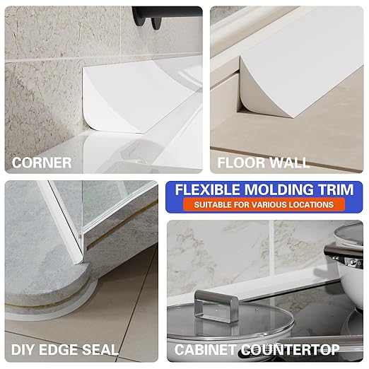 Flexible Molding Trim, Flexible Bendable Adhesive Caulking Strip, Molded Trim, Peel and Stick Home Decorative Edge for Bathroom, Kitchen, Floor, Wall (White, 0.83in x 0.24in x 3.3ft)
