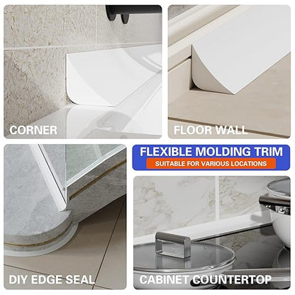 Flexible Molding Trim, Flexible Bendable Adhesive Caulking Strip, Molded Trim, Peel and Stick Home Decorative Edge for Bathroom, Kitchen, Floor, Wall (White, 0.83in x 0.24in x 10ft)