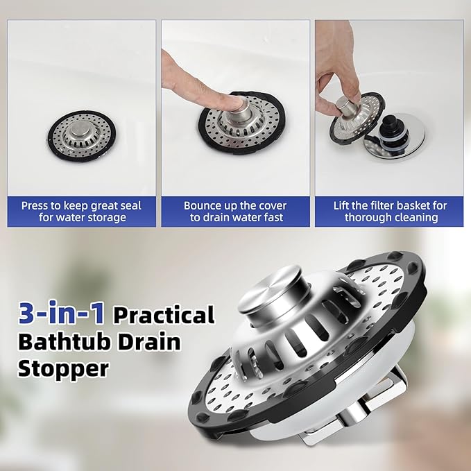 Universal Bathtub Drain Stopper Shower Drain Hair Catcher, Tub Stopper with Visible Top Strainer, Upgraded 3 in 1 Pop-up Drain Plug Fit for 1.5 to 2.4" Hole, Stainless Steel Filter Basket, Chrome