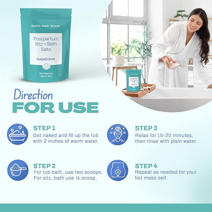 CaboCréme Postpartum Sitz + Bath Salts – 24oz – Postpartum Bath Soak for Perineal Care, Healing Tears, Swelling & Hemorrhoids – Dead Sea Salt with Magnesium – OB-GYN Created Recovery Essential