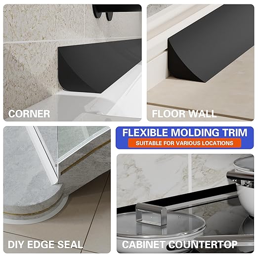 Flexible Molding Trim, Flexible Bendable Adhesive Caulking Strip, Molded Trim, Peel and Stick Home Decorative Edge for Bathroom, Kitchen, Floor, Wall (Black, 0.83in x 0.24in x 10ft)
