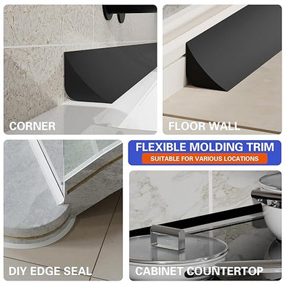Flexible Molding Trim, Flexible Bendable Adhesive Caulking Strip, Molded Trim, Peel and Stick Home Decorative Edge for Bathroom, Kitchen, Floor, Wall (Black, 0.83in x 0.24in x 20ft)