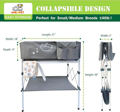 Elevated Dog Bathtub, Portable Dog Washing Station for Home with Towel Bar & Storage, Folding Pet Bath Tub for Small & Medium Dogs