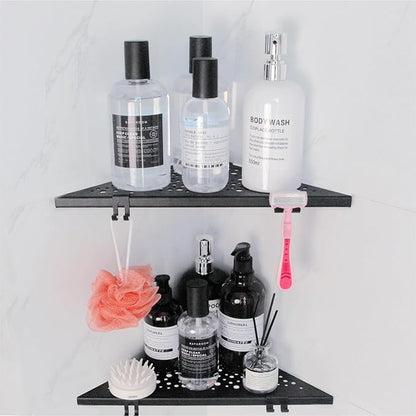 Corner Shower Shelf with 4 Hooks,10 Inch 304 Stainless Steel Recessed Bathroom Shelves,No-Drilling Installation for Tiled Wall,Matte Black, 2-Pack