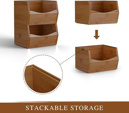 2 Set Open Front Small Stackable Storage Bins, Bamboo Stacking Storage Bins Snack Tea Bags Fruits Spices Countertop Storage, Rustic Organizer Bins for Pantry, Kitchen, Office, Bedroom (Small Walnut)