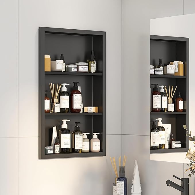 Bathroom Medicine Cabinet Recessed,14x24 Black Shower Niche for Shower Wall,Surface Mount Medicine Cabinet Replacement Shelves,Recessed Wall Niche for Over Toilet Storage/Living Room/Hallway