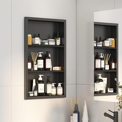 Bathroom Medicine Cabinet Recessed,14x24 Black Shower Niche for Shower Wall,Surface Mount Medicine Cabinet Replacement Shelves,Recessed Wall Niche for Over Toilet Storage/Living Room/Hallway