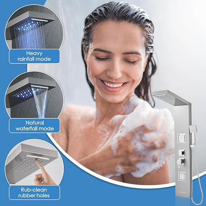 ROVOGO Shower Panel Tower System with Led Lights, Rainfall Waterfall Shower Head, 2 Big Body Jets, Handheld and Tub Spout, Stainless Steel Shower Column Brushed