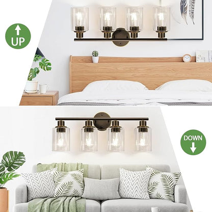 4-Light Bathroom Light Fixtures, Brown and Gold Modern Vanity Lights Over Mirror with Clear Glass Shade, Bathroom Wall Lamp for Mirror Kitchen Living Room Hallway Cabinet Porch Bedroom Reading room