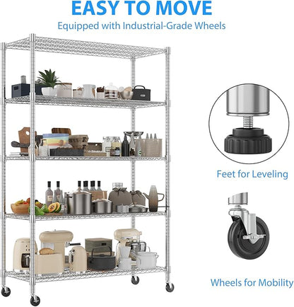 Homdox 5 Tier Storage Racks and Shelving, 24"x60"x82" Heavy Duty Metal Shelves for Storage, 3000LBS Commercial Adjustable Wire Shelving Unit on Wheels for Garage, Pantry, Kitchen, Warehouses, Chrome