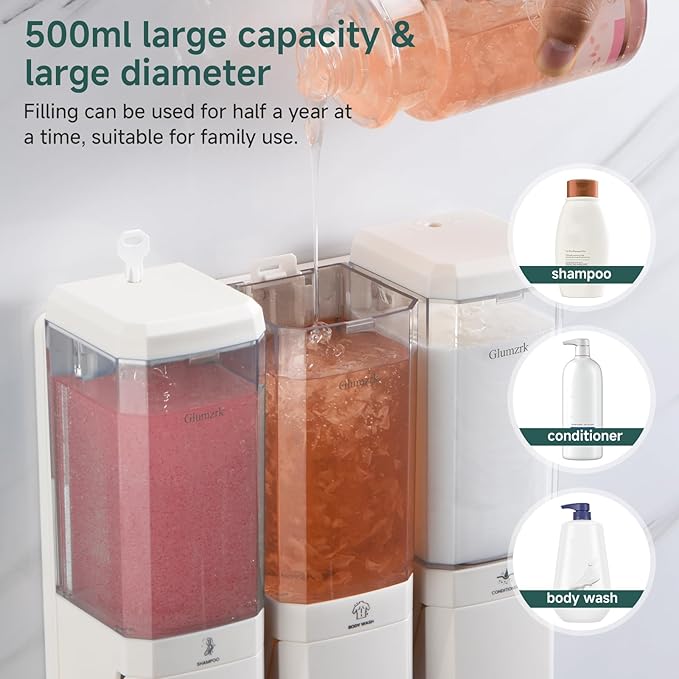 Shampoo and Conditioner Dispenser Wall Mounted No Drill, Shower Soap Dispenser 3 Chamber Shampoo Conditioner Body Wash Refillable 3 * 17oz Shower Soap Dispenser for Bathroom Hotel, White+Clear