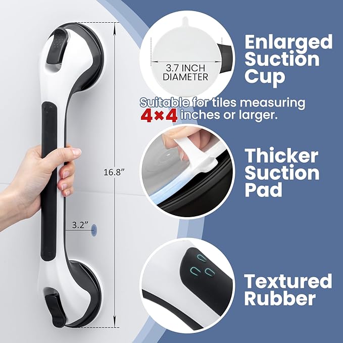 Shower Grab Bar Suction Cup 17 inch, Grab Bars for Bathtubs, Bathroom Safety Grip Shower Handle for Elderly and Seniors, Bath Handrails Removable & Reusable Waterproof, No Drilling, Black