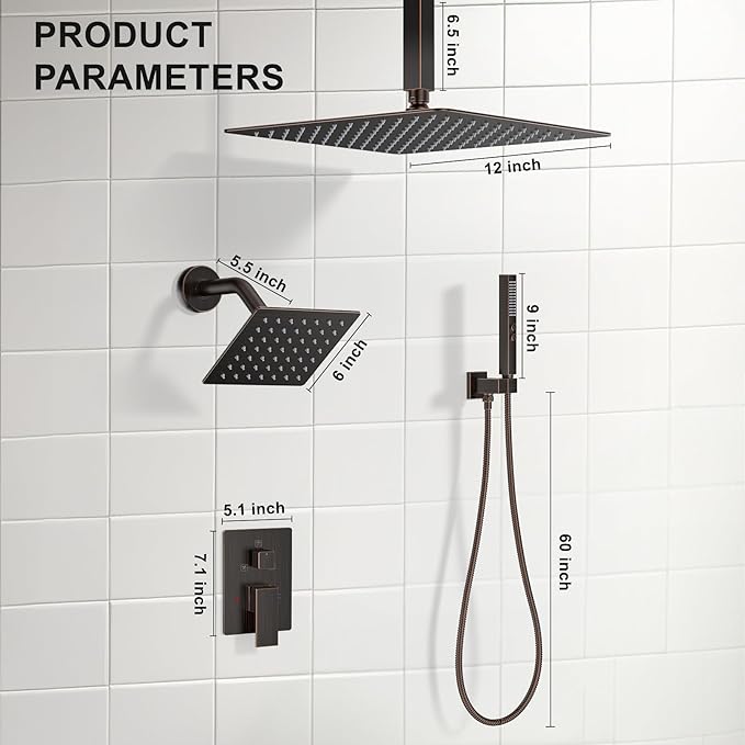 Shower Faucet Set, Ceiling Mount Shower System 12"+6" Dual Shower Head Set with 2 in 1 Handheld Spray Rain Shower Heads with Rough-in Valve and Shower Trim Kit, Oil Rubbed Bronze
