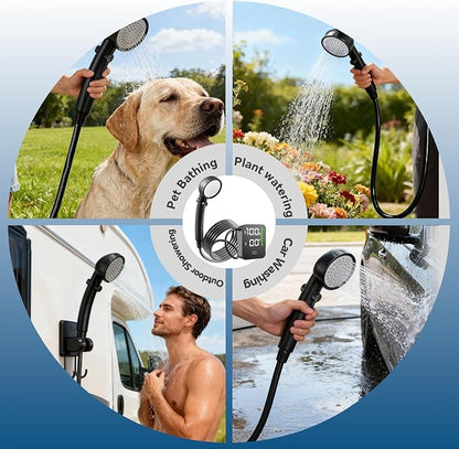 SHIJING Portable Shower with Heater,8000mAh Rechargeable Battery for Camping Shower, 6 Pressure Levels & 3 Modes for Outdoor, Pet, Car Wash,1500W Auto-Off Heater