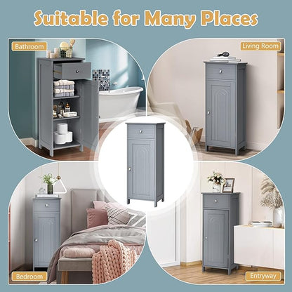 COSTWAY Bathroom Storage Cabinet, Single Door Floor Cabinet with Drawer and 3-Level Adjustable Shelves, Modern Side Storage Organizer with Anti-Tipping Device for Living Room, Bedroom (Gray)