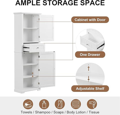Favfurish Tall Bathroom Storage Cabinet with Doors and Drawer,Modern Linen Cabinets w/Adjustable Shelf & Anti-Toppling Device,Freestanding Narrow Cabinet for Bathrooms,Living Room, Entryway,White