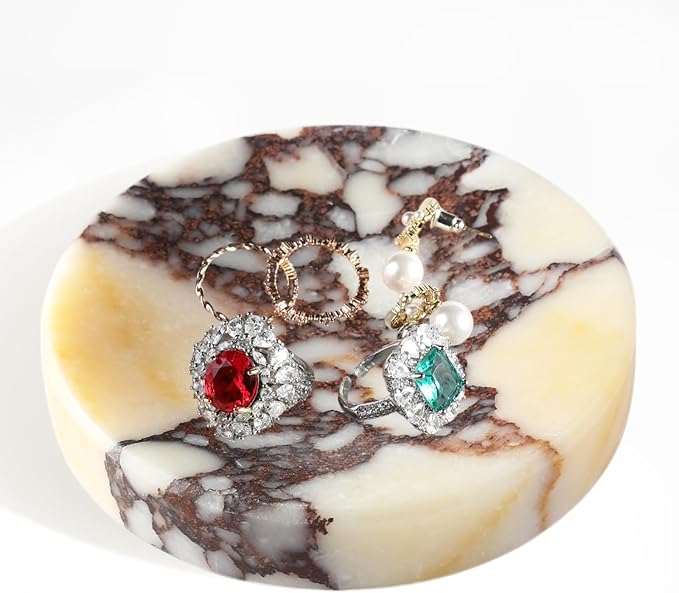 Koville Luxury Italy Calacatta Viola Marble Jewelry Dish, Small Round Trinket Dish for Ring Necklace Earring, 4" Stone Decorative Dish, Aesthetic Home Table Marble Decor