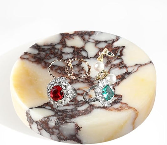 Koville Luxury Italy Calacatta Viola Marble Jewelry Dish, Small Round Trinket Dish for Ring Necklace Earring, 4" Stone Decorative Dish, Aesthetic Home Table Marble Decor