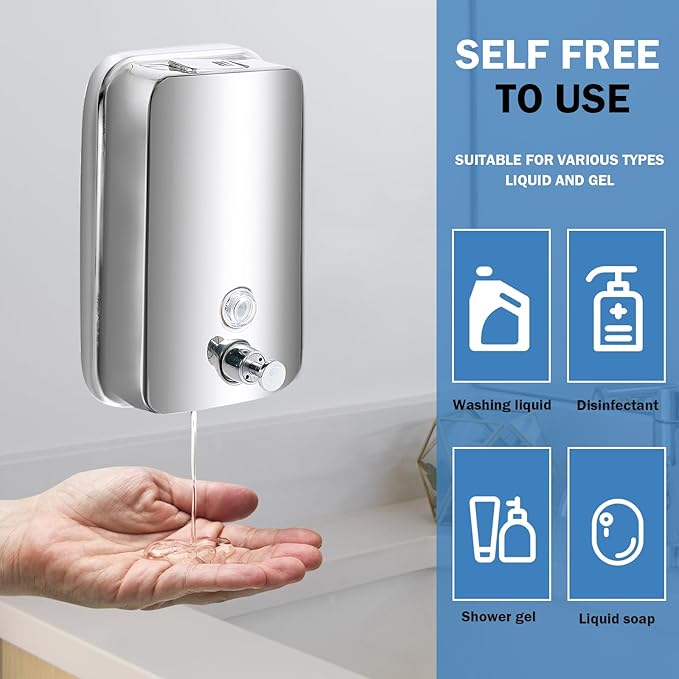 34 oz/1000ml Stainless Steel Commercial Soap Dispenser Wall Mount, Hand Soap Dispenser for Bathroom, Refillable Soap Liquid Dispenser for Bathrooms Kitchen Restaurants Hotel Hospitals