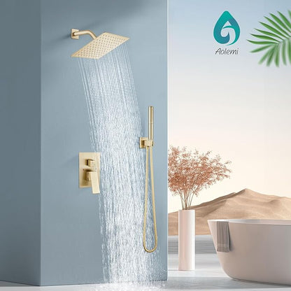 Aolemi Shower Faucet Set, High Pressure Shower System with 2-in-1 Handheld Sprayer, Wall Mount Fixture Combo with Rough-in Valve, 8 Inch Shower Head, Brushed Gold