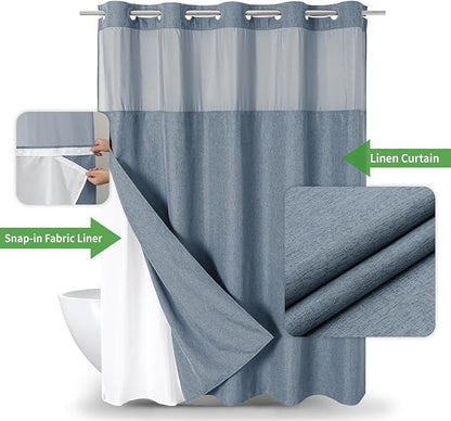 No Hooks Needed Linen Textured Shower Curtain with Snap-in Fabric Liner Set,Blue Grey Hotel Luxury Decor Shower Curtains for Bathroom with Mesh Top Window,Waterproof & Washable,71Wx74H