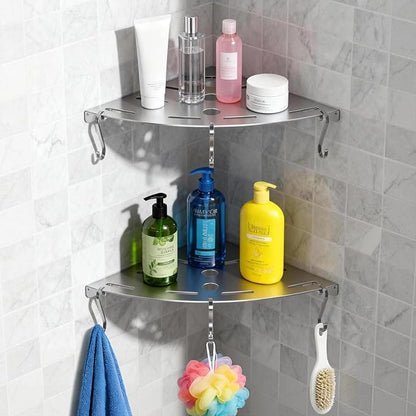 XIHLZYEH Corner Shower Shelves, 2 Pack 304 Stainless Steel Shower Shelf with 6 Hooks 40 lbs Heavy Duty, Rustproof Wall Mounted Organizer for Bathroom Drilling Installation (Silver)