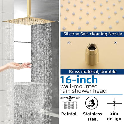 Ceiling Mount Rain Shower System, Shower Faucet Set with 16 Inch High Pressure Overhead Rain Shower Head and Handheld Sprayer, Dual Way Pressure Balance Shower Valve, Brushed Gold