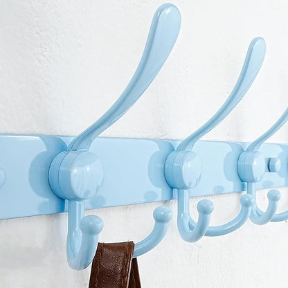 Dseap Coat Rack Wall Mount - 38” Long 10-Tri-Hooks Heavy Duty Coat Hanger Rail Wall Hooks for Hanging Coats Hats Clothing Clothes Purse Mudroom Entryway, Blue, Pack of 2
