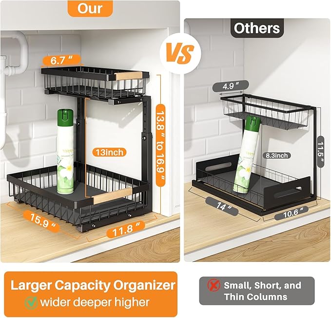 PXRACK 1 Pack Under Sink Organizer,Adjustable Height,2 Tier Pull Out Under Cabinet Organizer,Slide Out Thickened Metal Under Sink Storage for Kitchen Bathroom Laundry Cabinet Pantry,Black(L)