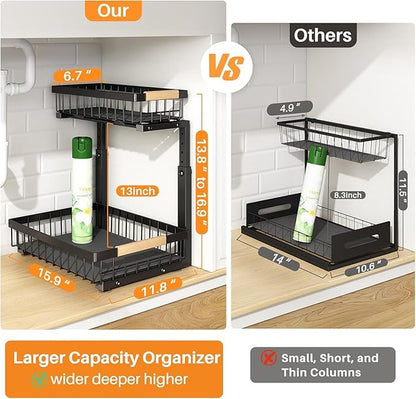 PXRACK 1 Pack Under Sink Organizer,Adjustable Height,2 Tier Pull Out Under Cabinet Organizer,Slide Out Thickened Metal Under Sink Storage for Kitchen Bathroom Laundry Cabinet Pantry,Black(L)