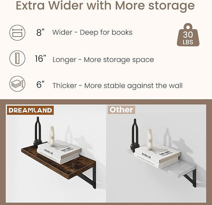 Dreamland Deep Floating Shelves for Wall, 16W x 8D Wall Mounted Shelves Set of 2, Floating Shelves Bedroom with Sturdy Metal Brackets for Living Room, Bathroom and Kitchen, Brown
