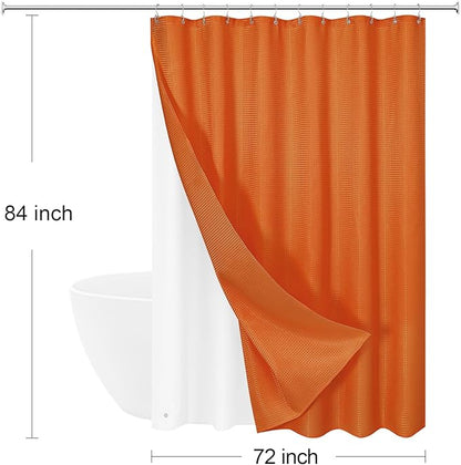 3 in 1 Extra Long Burnt Orange Shower Curtain Set-72 W x 84 H, Modern Waffle and PEVA Liner Set with 12 Stainless Steel Hooks, Waterproof Fabric for Bathroom