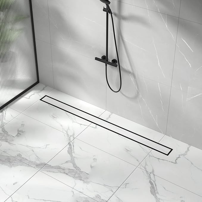 Linear Shower Drain 48", Matte Black Floor Drain with Tiled Insert Grate & Hair Strainer, 304 Stainless Steel Bathroom 2-in-1 Tiled in Drain, CUPC Certified (Matte Black, 48'')