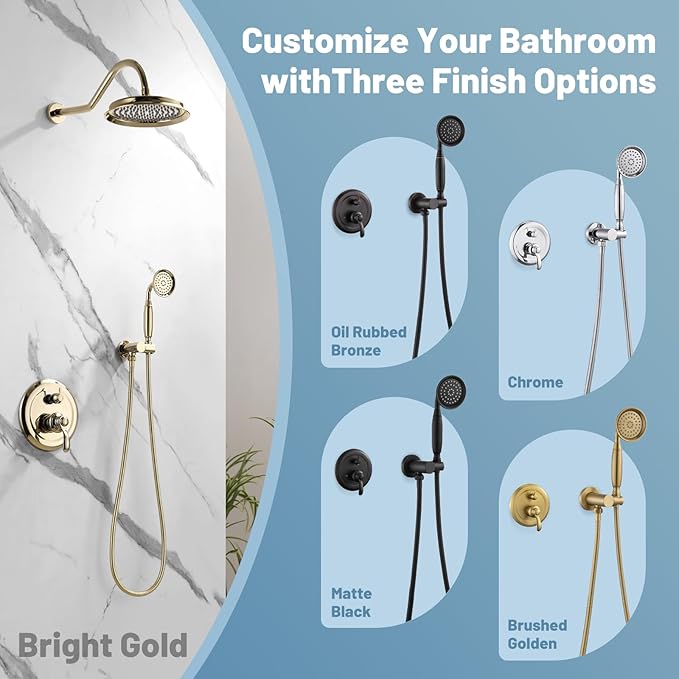Antique Shower Head Faucet Set,Bright Gold Vintage Wall Mount Shower Faucets Combo With Handheld Spray,Bathroom Rainfall Shower System Trim Kit With Brass Pressure Balance Valve & 9''Shower Head