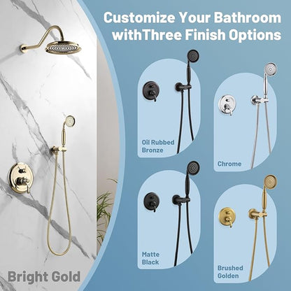 Antique Shower Head Faucet Set,Bright Gold Vintage Wall Mount Shower Faucets Combo With Handheld Spray,Bathroom Rainfall Shower System Trim Kit With Brass Pressure Balance Valve & 9''Shower Head