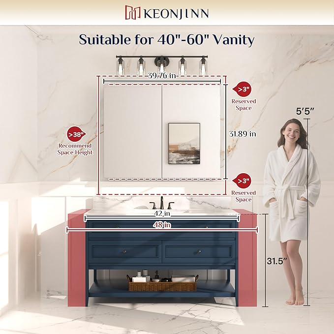 Keonjinn 40 x 32 Inch Large Medicine Cabinet for Bathroom, Silver Lightweight Combined Double Doors Mirrored Cabinet, Assembly Needed, Recessed or Wall Mount, Flexiable Ample Storage, Soft Closing